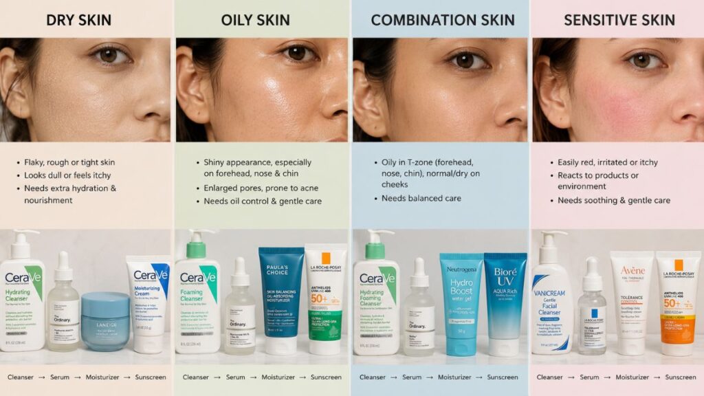 Different skin types receiving personalized AI skincare recommendations.