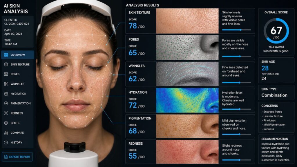 Artificial intelligence analyzing facial skin texture, pores, and hydration levels.