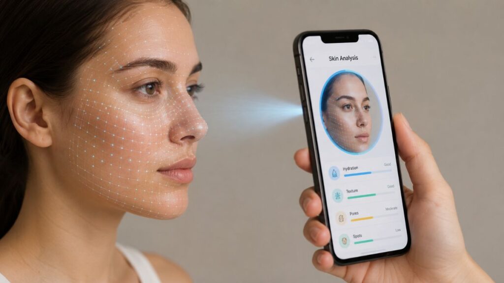 AI skincare technology providing personalized skincare recommendations through a smartphone app.