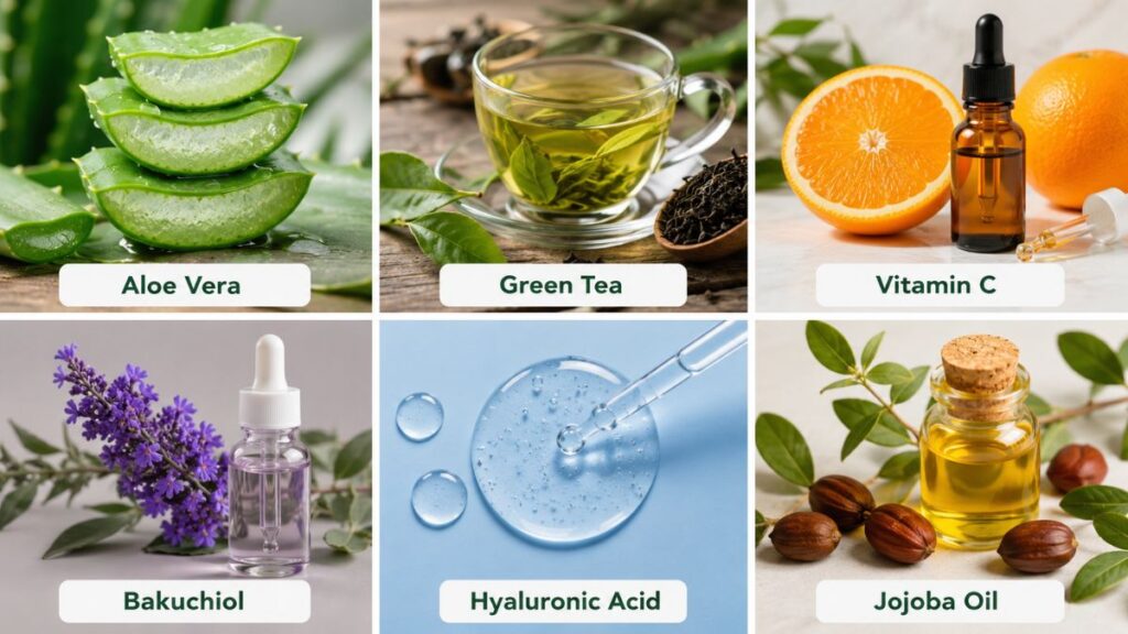 Natural skincare ingredients including aloe vera, green tea and vitamin C