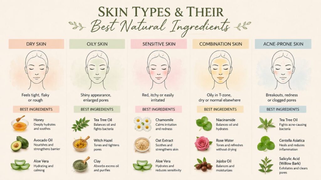 Natural skincare ingredients for different skin types