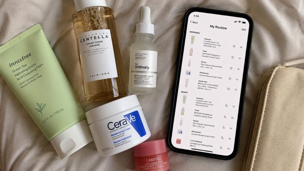 Personalized skincare routine with cleanser, serum, and moisturizer.