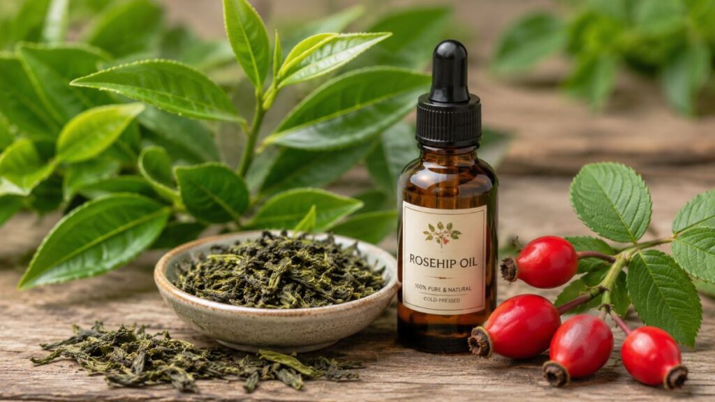 Green tea extract and rosehip oil skincare