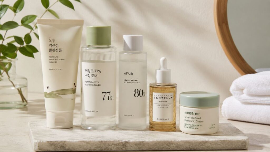Essential Korean skincare products on a clean background
