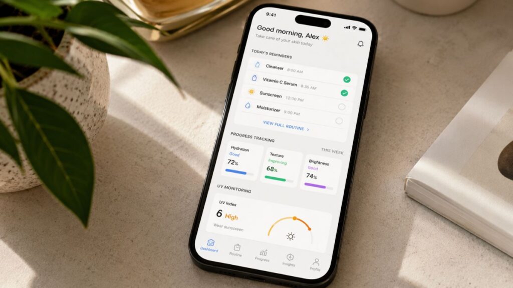 AI skincare app featuring progress tracking, reminders, and skin health monitoring.