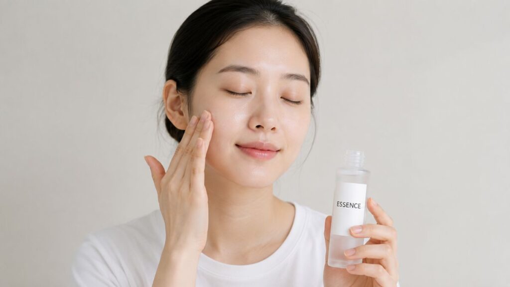 Person applying hydrating essence to the face