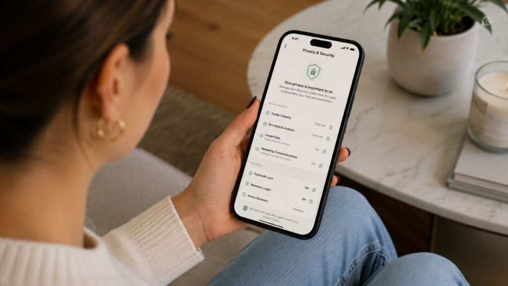 Secure AI skincare app protecting facial data and personal privacy.