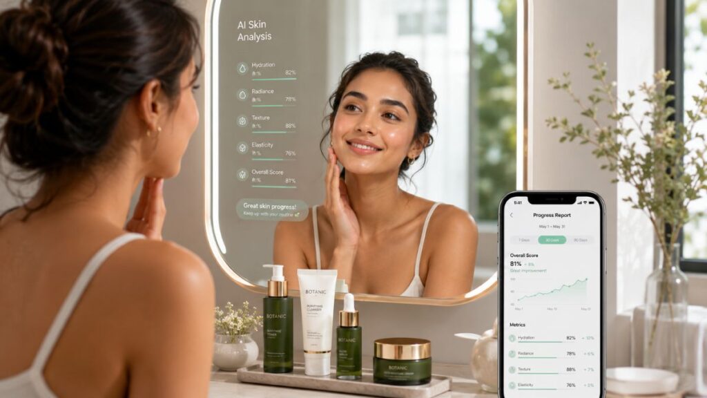 Future of AI skincare technology helping users achieve healthier glowing skin.