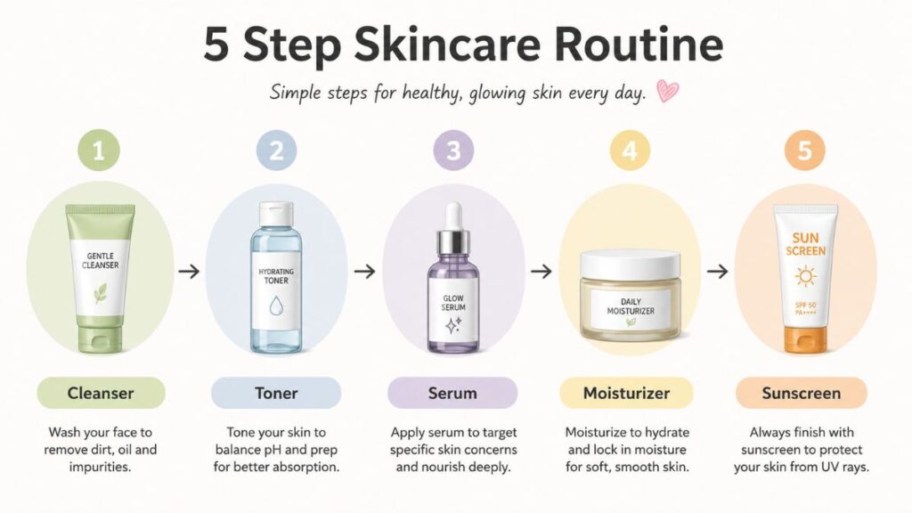 Daily skincare routine with cleanser, toner, serum, moisturizer and sunscreen