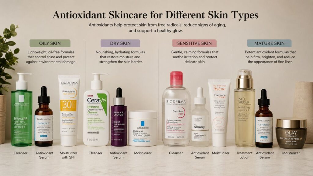 Antioxidant skincare products for different skin types