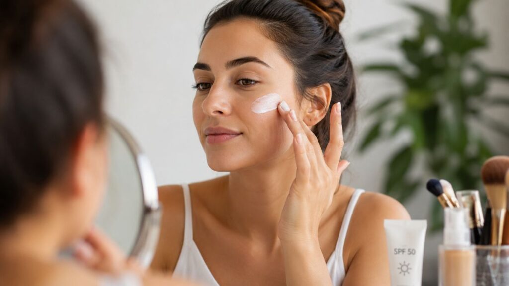 Applying sunscreen before makeup for daily protection