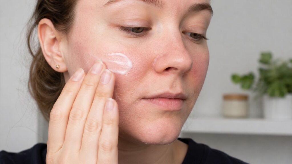 Applying a ceramide moisturizer to dry and sensitive facial skin