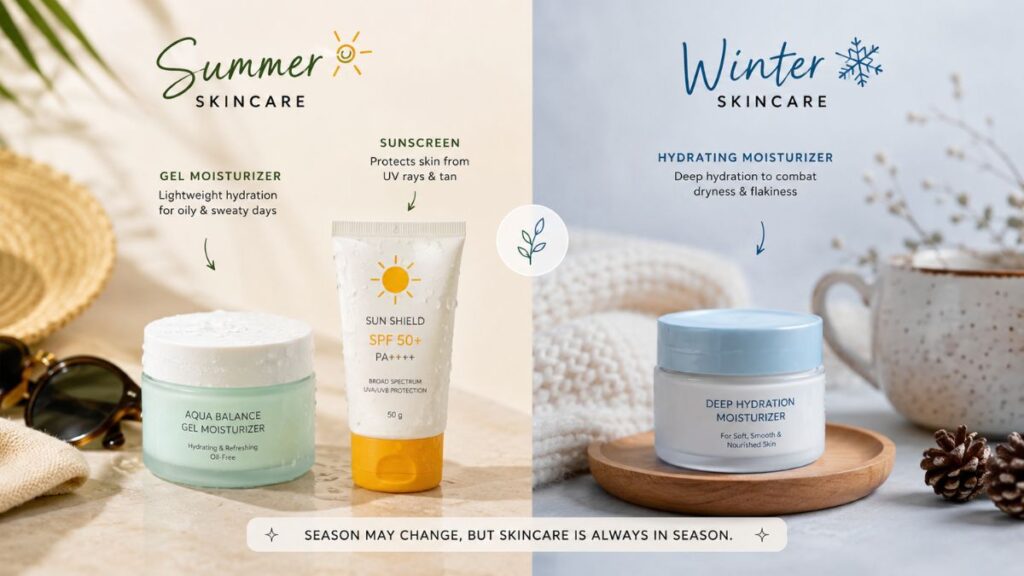 Summer and winter skincare products displayed for seasonal skin care