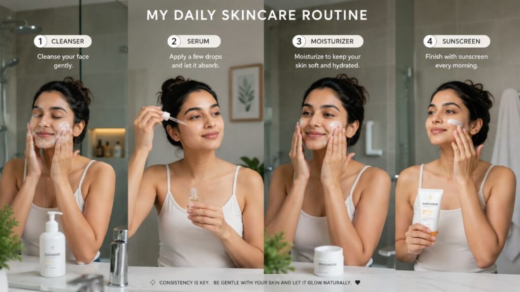 Simple daily facial care products arranged in the correct order