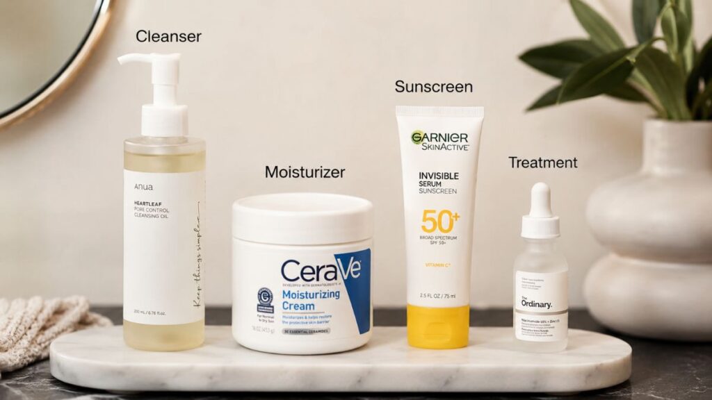Simple acne skincare routine with four essential products