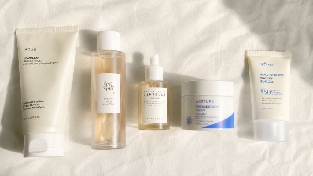 Daily facial care products neatly arranged on a clean white surface