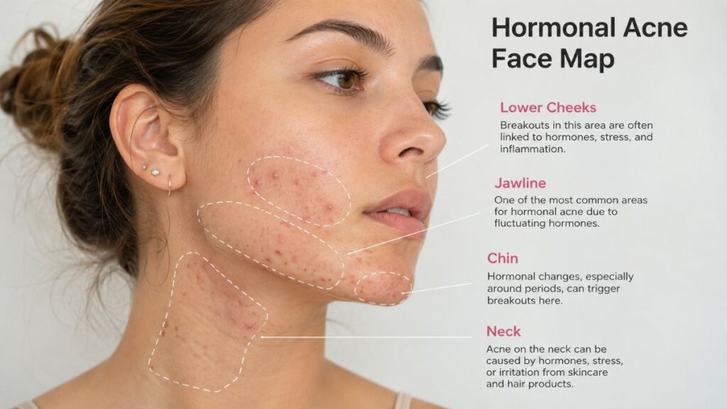 Common hormonal acne breakout areas on the face and jawline