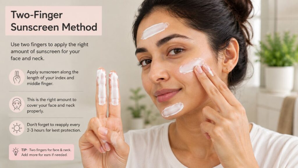 Correct amount of sunscreen applied using the two-finger method