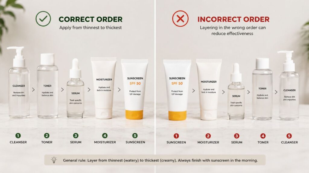 Comparison of proper and improper facial product application sequence