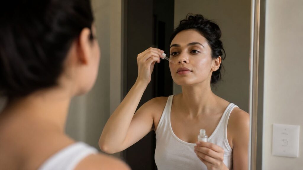 Applying facial serum as part of a healthy daily skincare routine