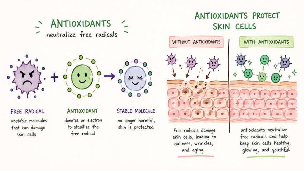 Illustration of antioxidants protecting skin cells from free radical damage