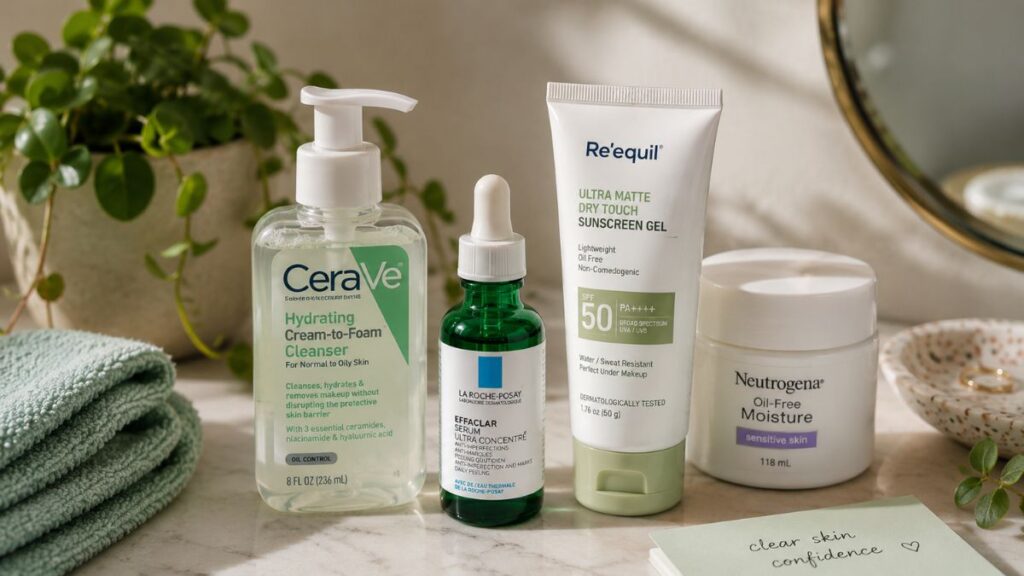 Lightweight gel sunscreen with acne-friendly skincare essentials