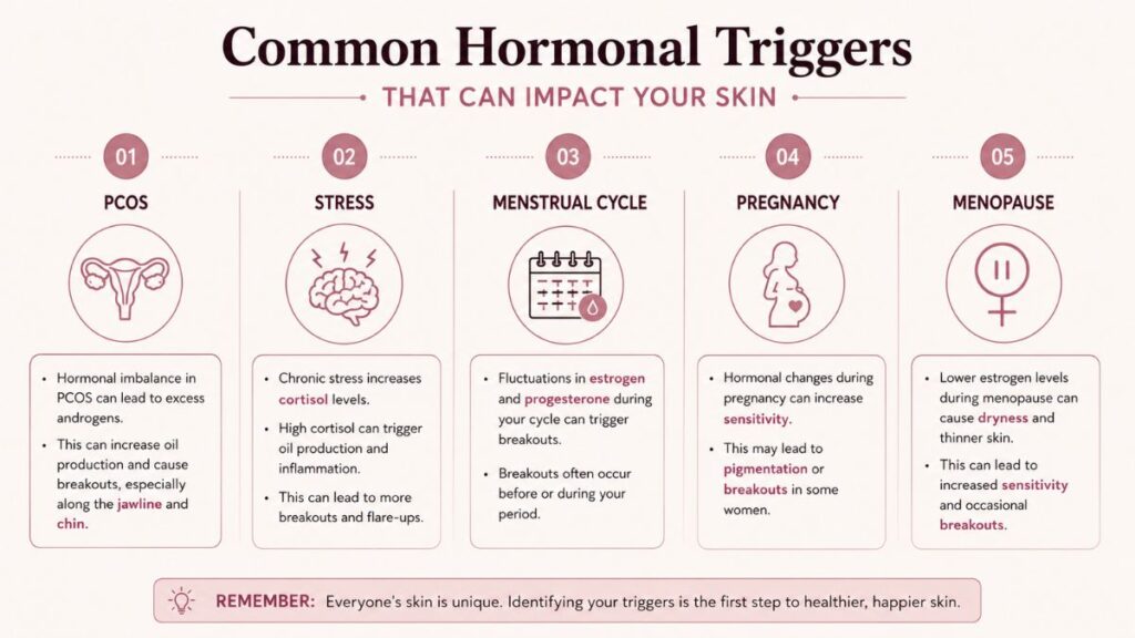 Hormonal acne triggers including stress, PCOS, and hormonal changes