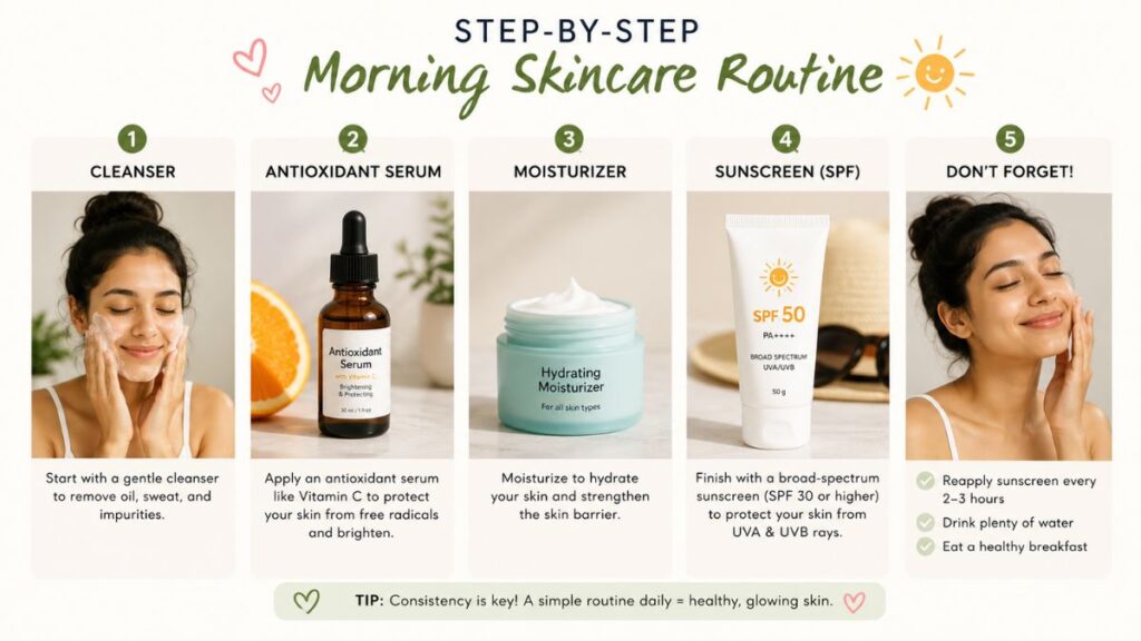 Daily skincare routine with antioxidant serum and sunscreen