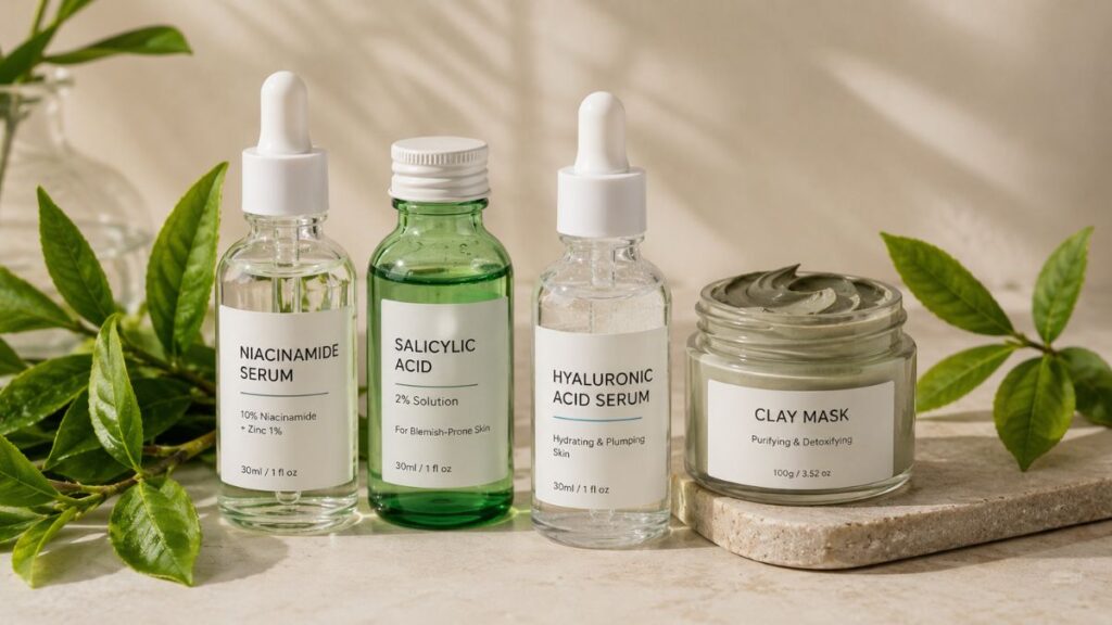 Niacinamide serum, salicylic acid, clay mask, and green tea skincare ingredients