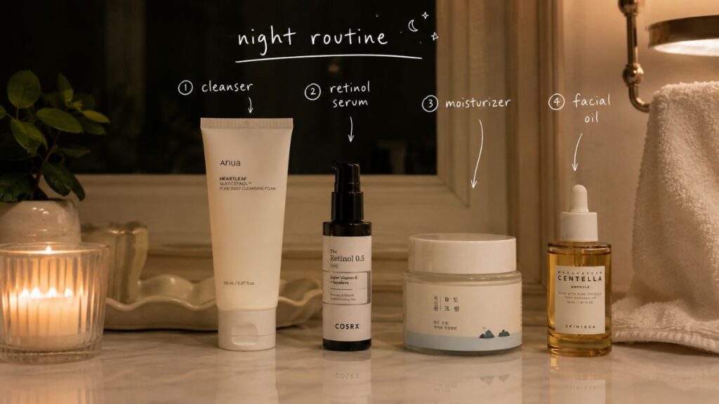 Nighttime facial care essentials arranged for an evening routine