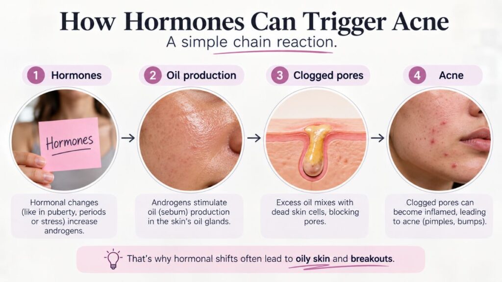 Hormonal changes increase oil production and lead to clogged pores