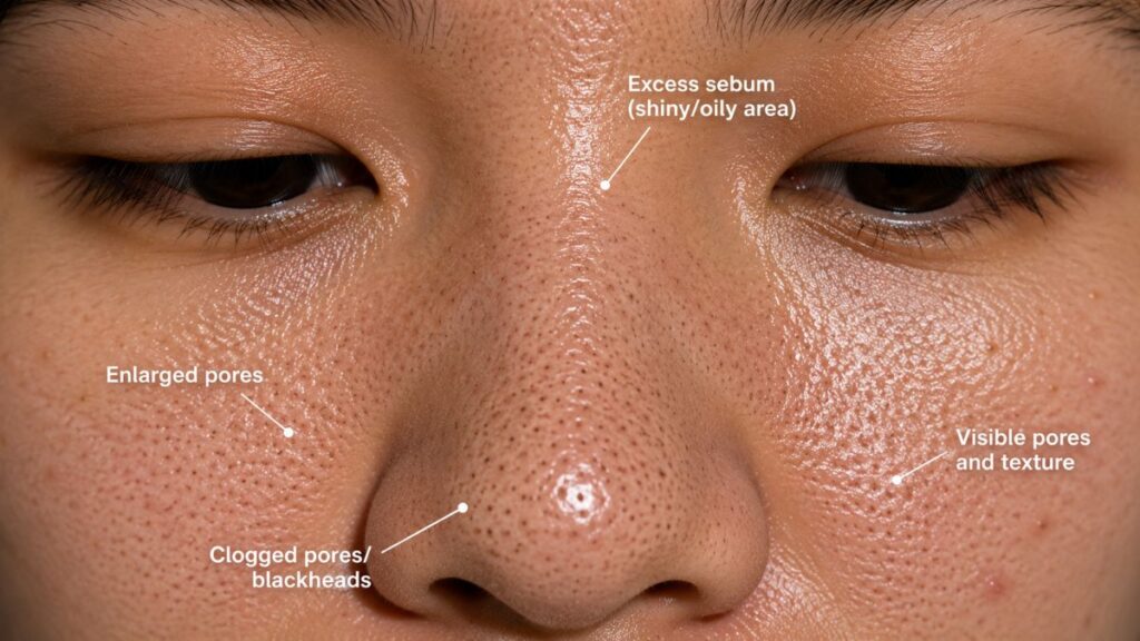 Close-up of enlarged pores and excess facial oil on the T-zone