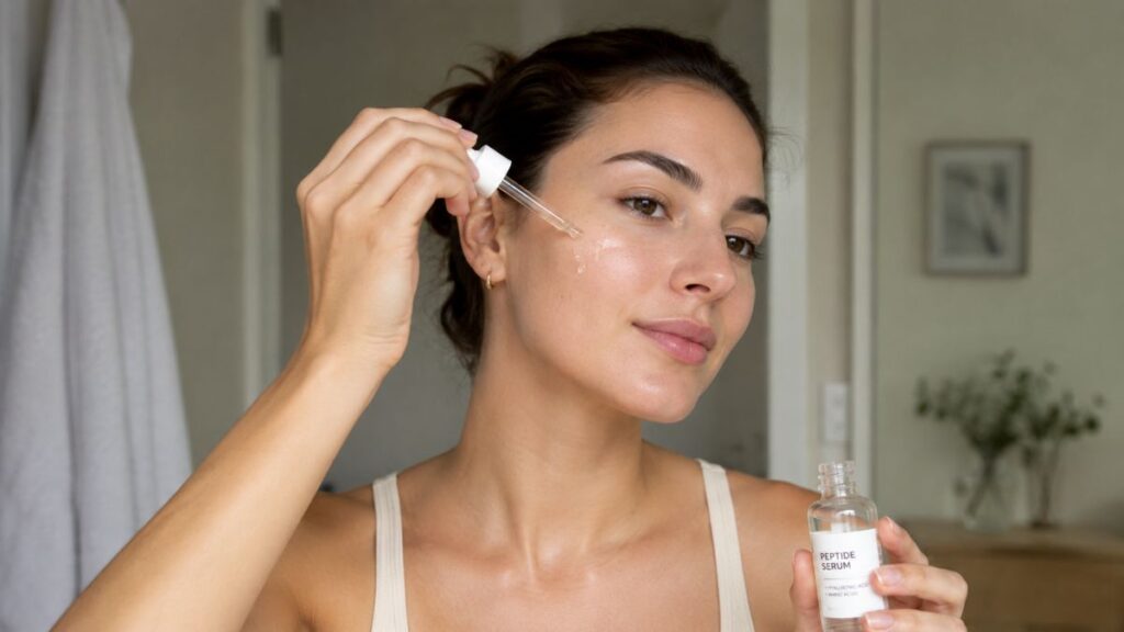 Woman applying facial serum during her morning beauty routine