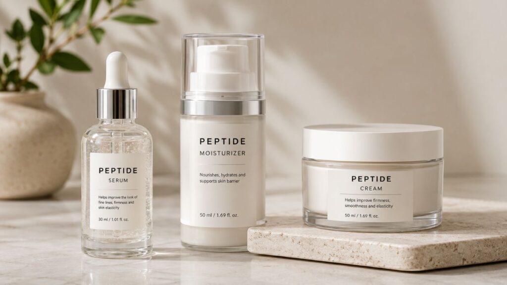 Peptide skincare products including serum and moisturizer