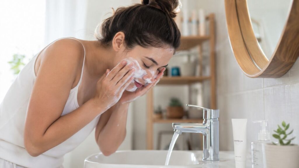 Morning acne skincare routine with a gentle facial cleanser