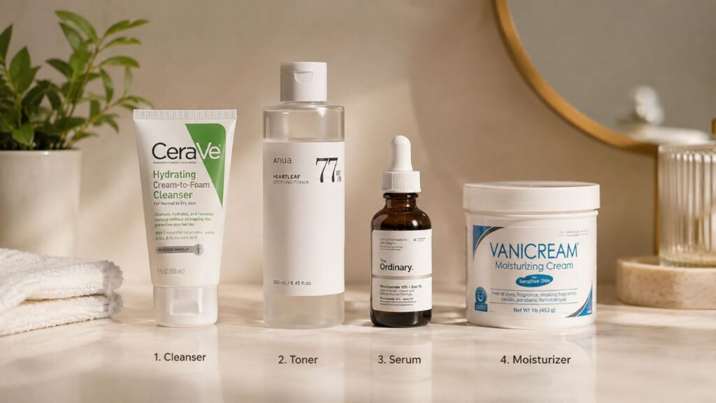 Beginner skincare routine for acne with essential daily products