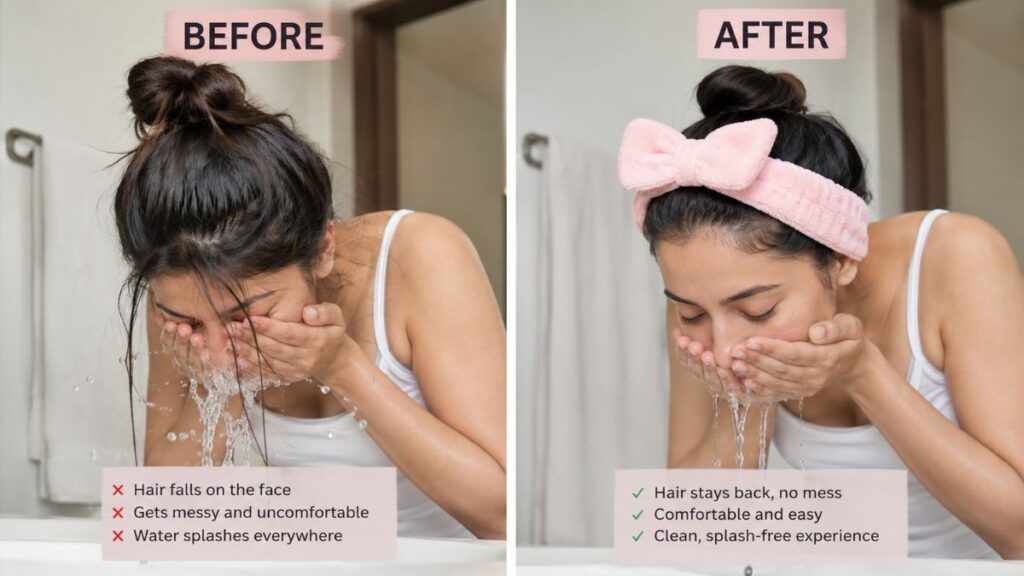 Woman washing her face with hair pulled back