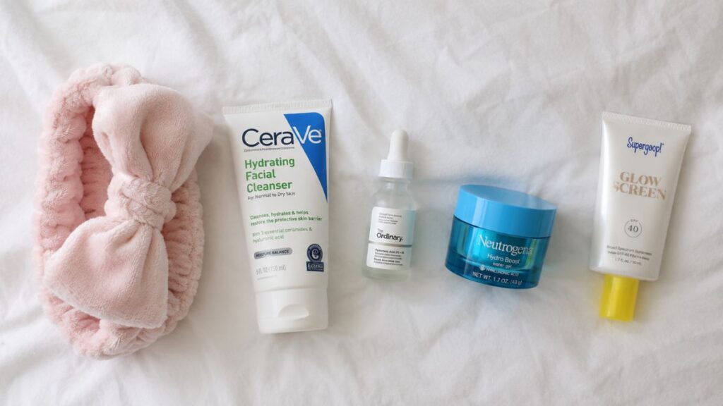Skincare headband with cleanser serum and moisturizer