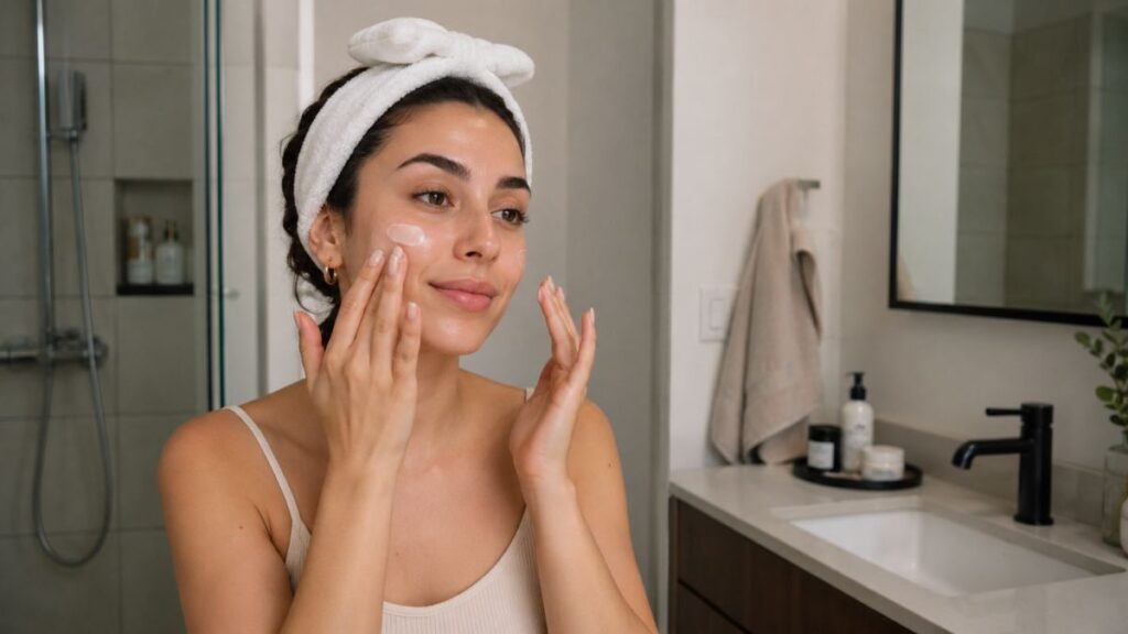 Woman wearing a skincare headband during her skincare routine
