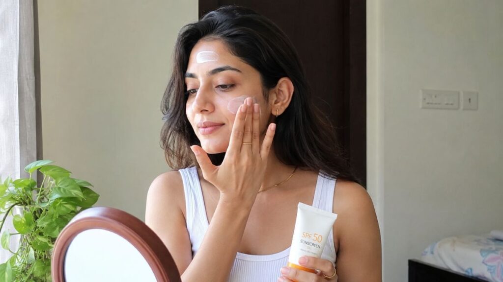 Applying broad-spectrum sunscreen as the final morning skincare step