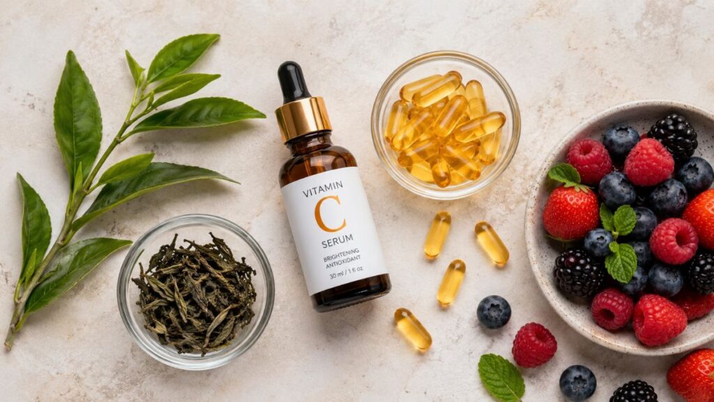 Top antioxidant skincare ingredients including Vitamin C, Vitamin E, and green tea