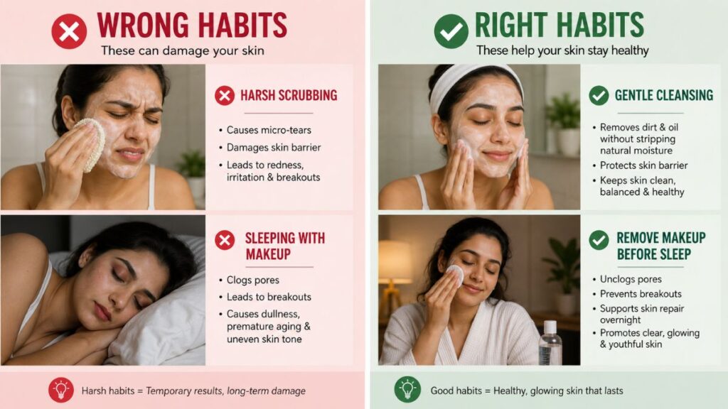 Common facial care mistakes such as harsh scrubbing and sleeping with makeup