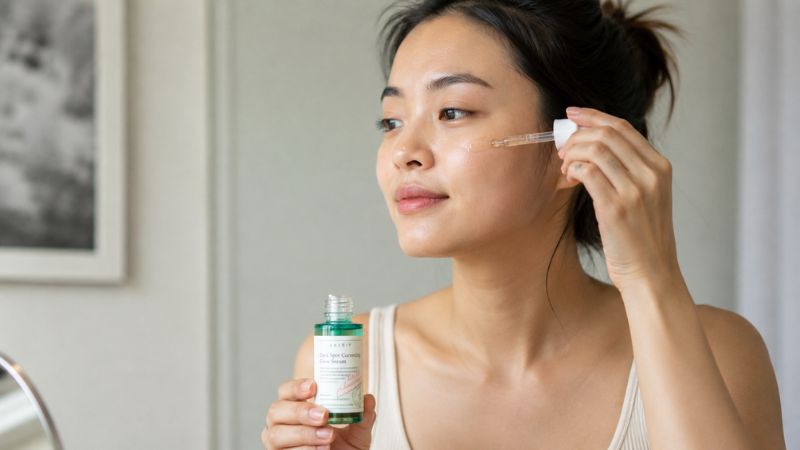 Woman applying brightening serum to her face