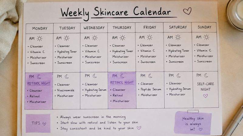 Beginner retinol schedule showing two application nights per week