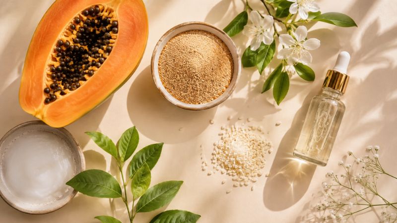 Brightening skincare ingredients with papaya and rice bran