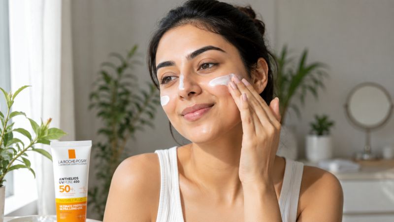 Woman applying broad spectrum sunscreen after a nighttime routine