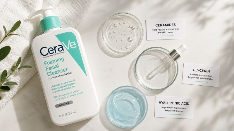 Ceramides glycerin and hyaluronic acid in hydrating skincare