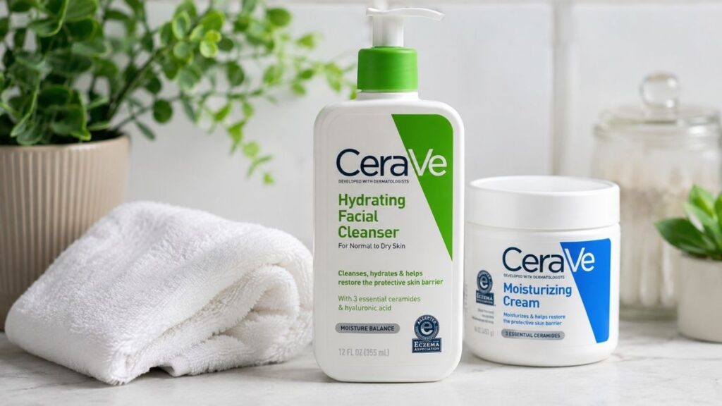 CeraVe Hydrating Facial Cleanser with moisturizer and soft towel