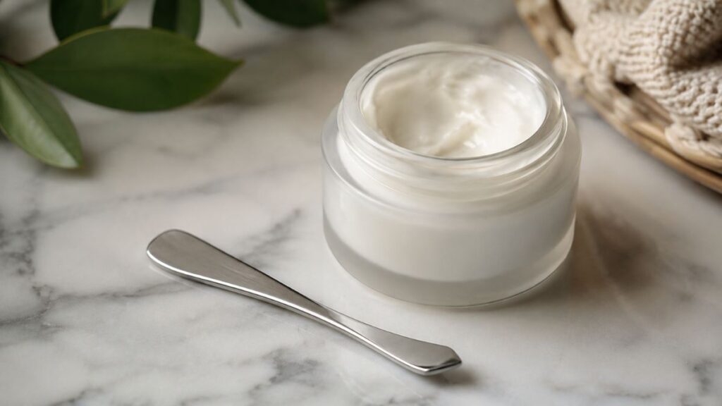 Clean stainless steel spatula beside an open face cream jar
