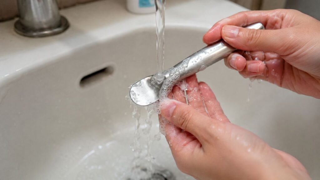 Cleaning a skincare spatula with soap and warm water